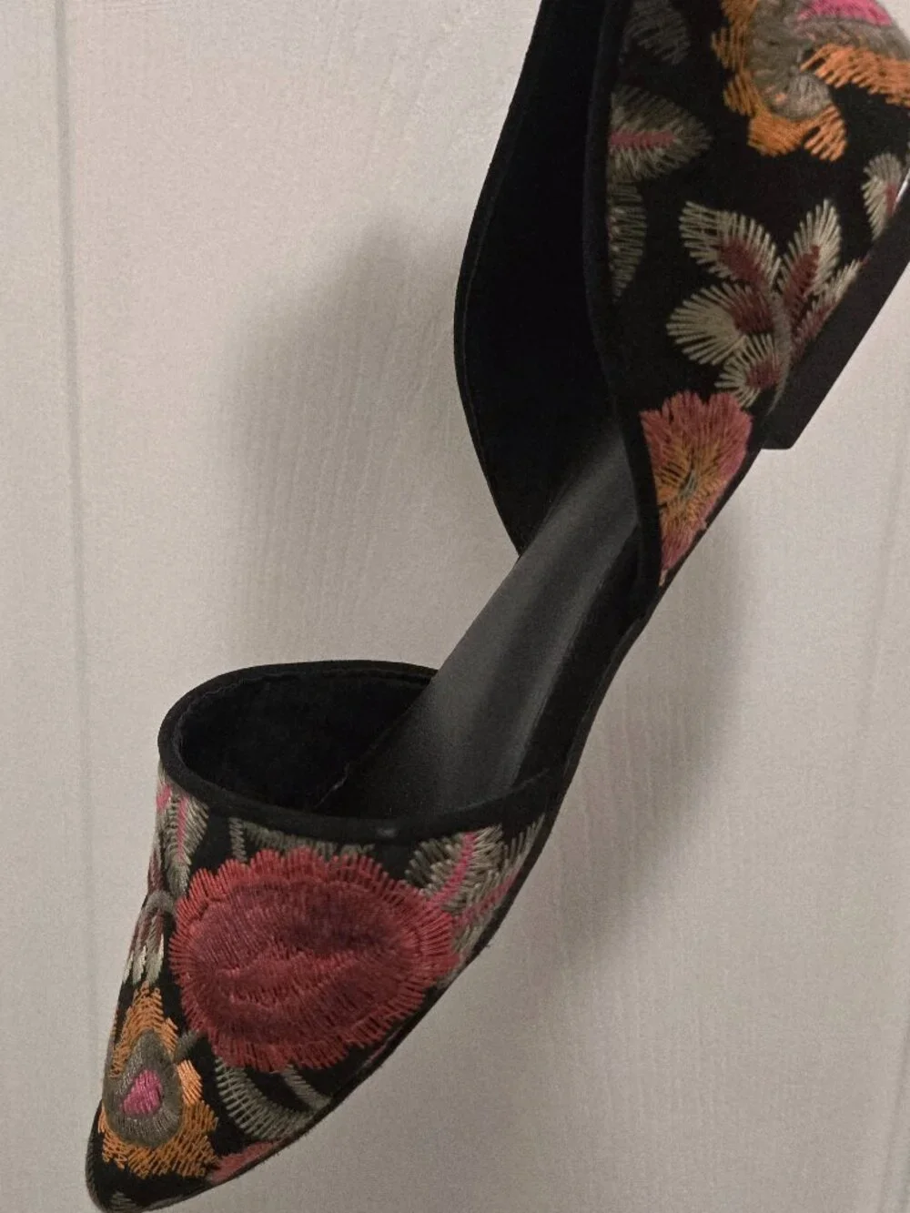 MIA Caroline Floral Embroidered d'Orsay Pointed Toe Flats on Black Background